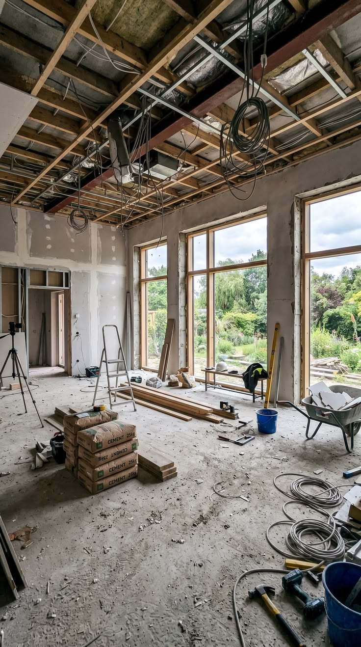 Property refurbishment interior with exposed ceiling joists, building materials and large windows awaiting completion