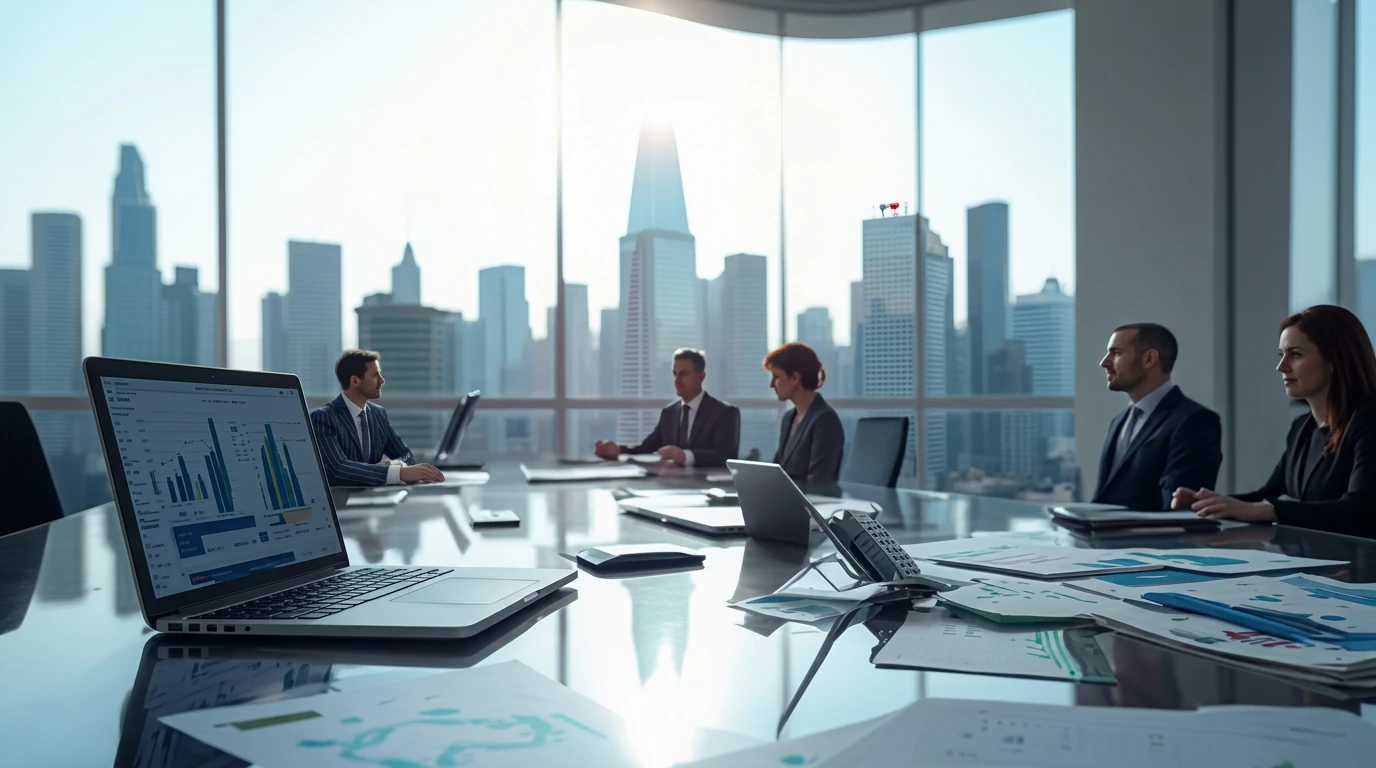 Commercial finance advisors reviewing funding proposals in a modern boardroom with a city skyline behind them.
