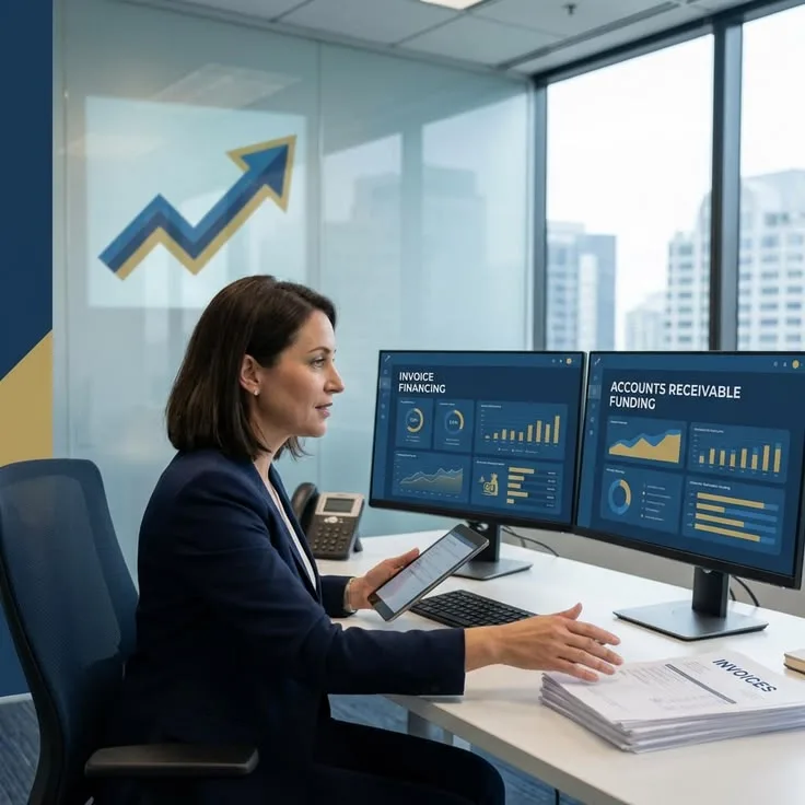 Finance professional reviewing invoice financing and accounts receivable dashboards on dual monitors.