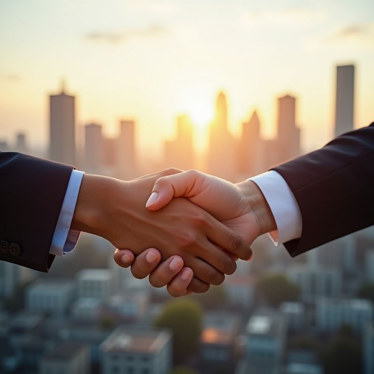 Two professionals shaking hands over a city skyline, representing a trusted commercial finance introduction.