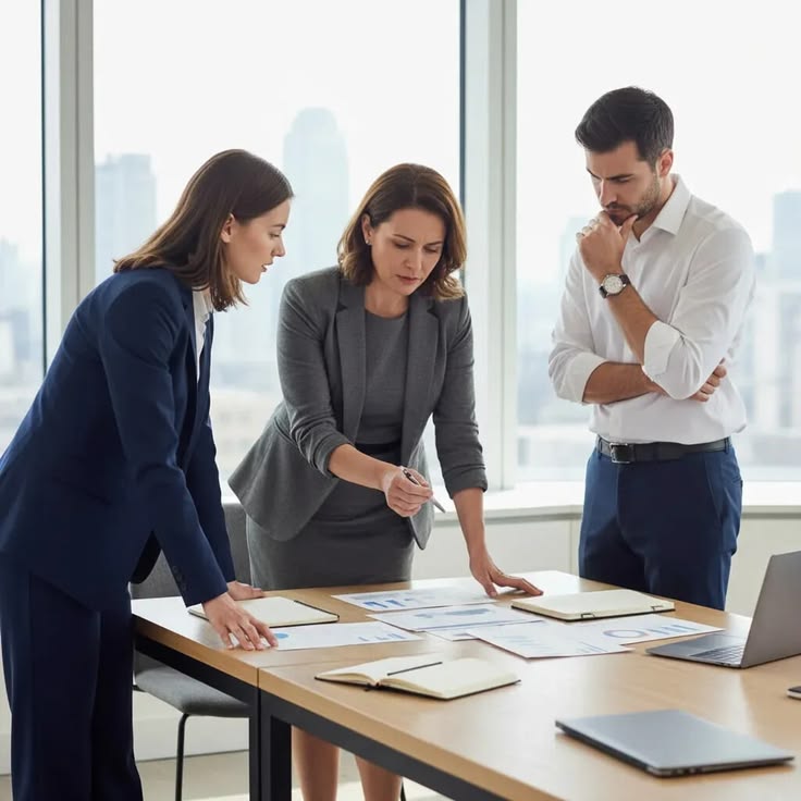 Three commercial finance advisors reviewing funding proposals and financial charts around a boardroom table with a city skyline behind them.