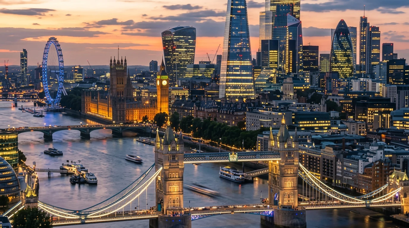 London skyline at dusk with Tower Bridge, the River Thames, the London Eye and the Shard, representing Bridge Commercial Finance and trusted UK commercial finance introductions.