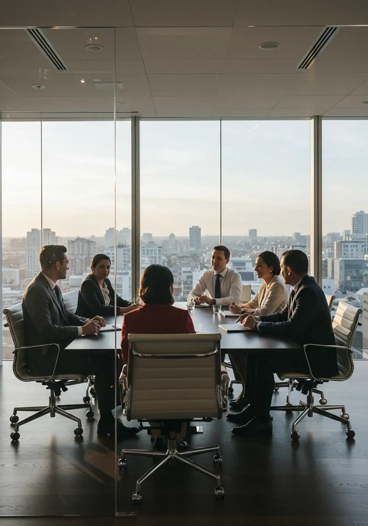Business professionals discussing commercial finance solutions during a client meeting.